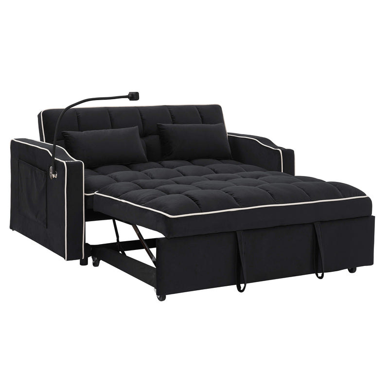 55.51 inch versatile foldable sofa bed in 3 lengths, modern sofa sofa sofa velvet pull-out bed, adjustable back and with USB port and ashtray and swivel phone stand (Black)