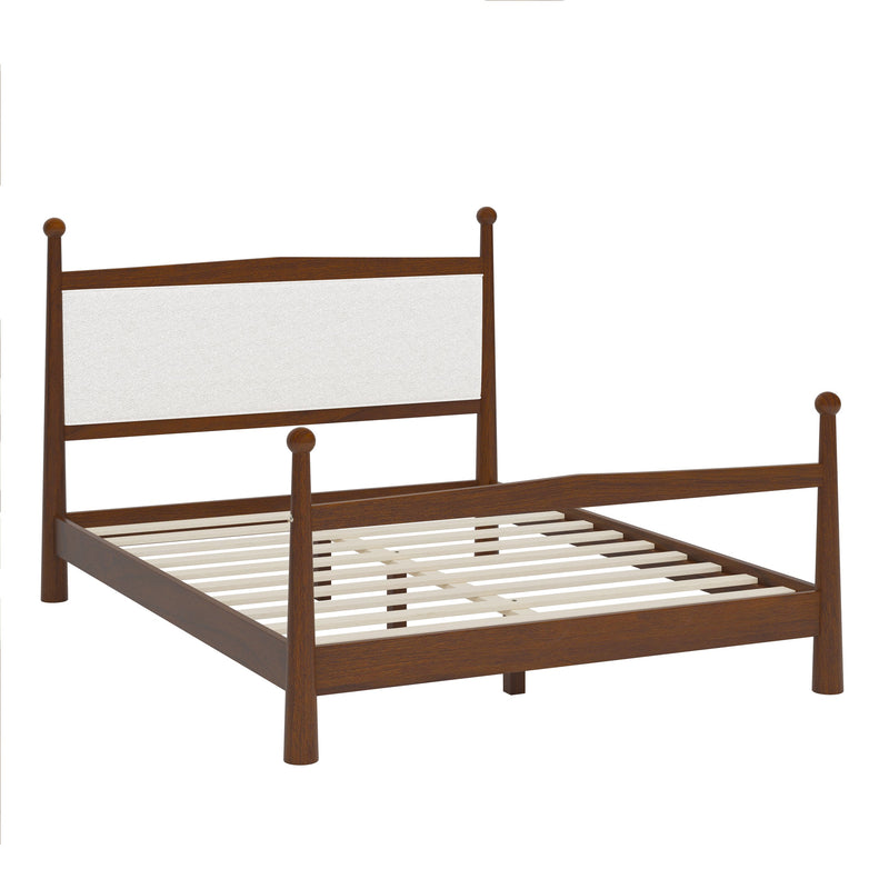 Mid-Century Modern Queen Size Solid Pine Wood Platform Bed with Upholstered Headboard in Boucle, No Box Spring Needed, Brown
