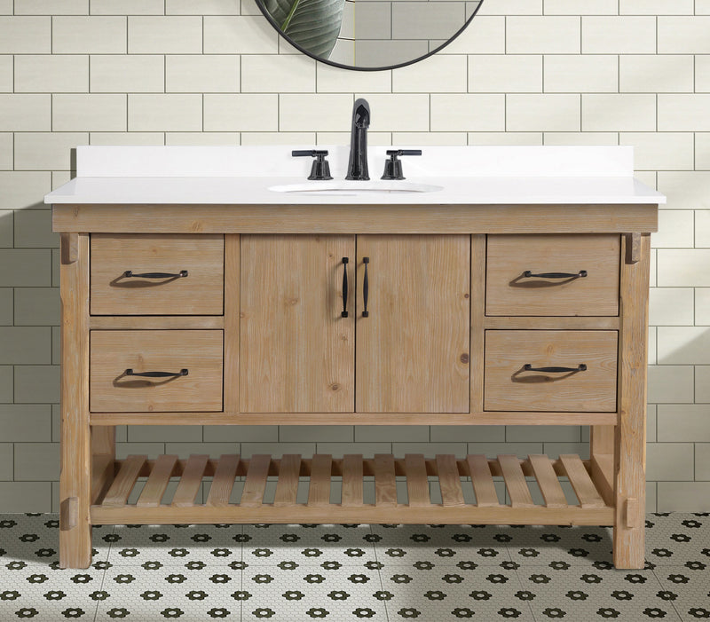 Marina 55" Bathroom Vanity Weathered Fir Finish - White Engineered Stone Countertop