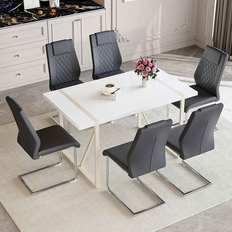 Table and chair set.55'x31.4' Cream-Style White MDF Dining Table Set with 6 Dark Gray Chairs With Silver Metal Legs.MDF Tabletop and metal frame legs.Adding a warm atmosphere to your family.