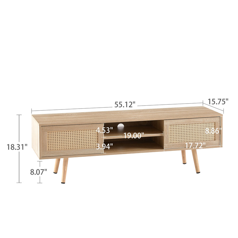 55.12" Rattan TV cabinet, double sliding doors for storage, adjustable shelf, solid wood legs, TV console for living room, natural