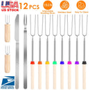 Stainless Steel Roasting Sticks Set 31.9in Extendable Telescoping Marshmallow Hot Dog Fork Skewers Set w/ Corn Needles Fork Knife For BBQ Fire Pit Cam
