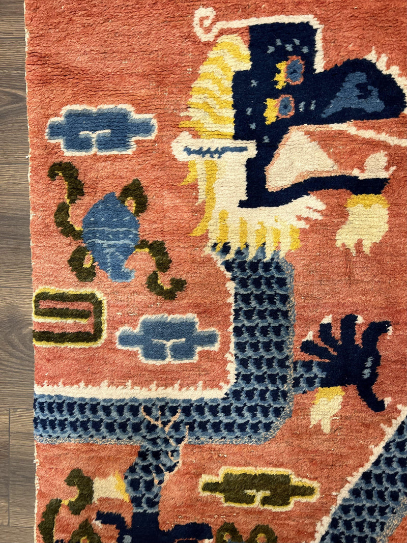 Rare Chinese Ningxia Pillar Rug 3x8, Late Qing Dynasty, 5 Clawed Dragon, Cloud Rainbow Border, Collectible Antique Carpet, Wool Hand Knotted