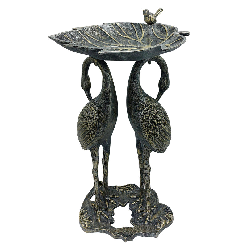 Cast Aluminum 30-in Twin Crane Bird Bath with Leaf Bowl
