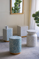 15x13x18.5" Hexagonal Accent Table with Blue Capiz Design and Gold Base by HouseOfZazla
