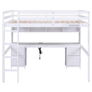 Full Size Loft Bed With Desk, Cabinets, Drawers, Charging Station And Bedside Tray, Sturdy Frame, No Box Spring Required - White by HouseOfZazla