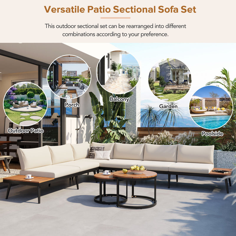6-Piece Outdoor Sectional Sofa Set with Round Nesting Coffee Tables and Seating Sofa with Cushions for Patio, Porch and Garden (Beige)