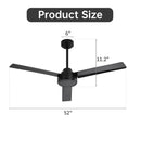 52" Outdoor Ceiling Fan Without Light with Remote Control, 3 ABS Blades Farmhouse Ceiling Fan 6-speed Reversible DC Motor Black for Living Room, Bedroom, Kitchen