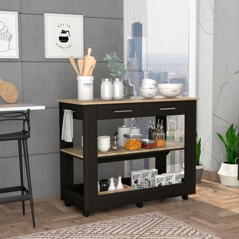Cala Kitchen Island 46, Six Casters, Two Drawers, Lower Open Shelf -Black / Light Oak