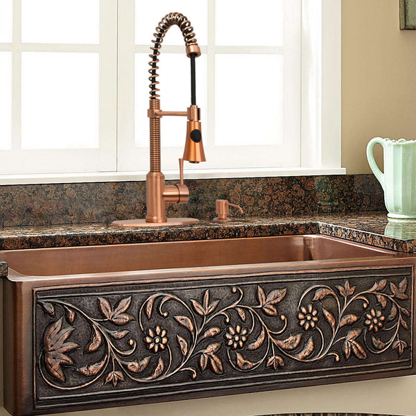 Copper Pre-Rinse Spring Kitchen Faucet, Single Level Solid Brass Kitchen Sink Faucets with Pull Down Sprayer - AK96565C, photo 2 of 47