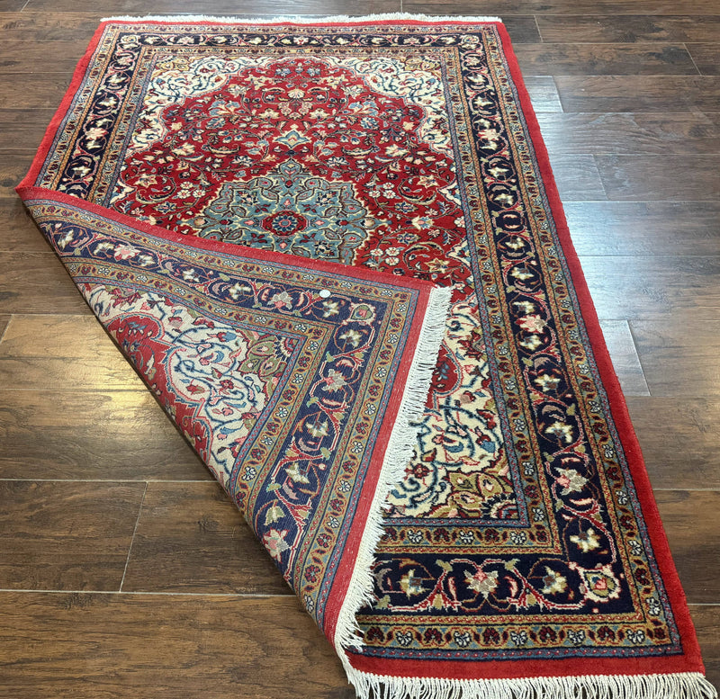 Persian Sarouk Rug 4x7, Red Navy Blue Vintage Wool Medallion Carpet