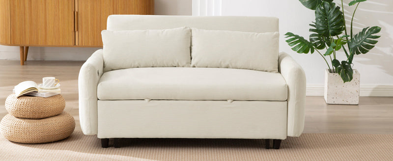 57.48" Pull-out Sofa Bed Convertible Couch 2 Seat Loveseat Sofa Modern Sleeper Sofa with Two Throw Pillows and USB Ports for Living Room, Beige