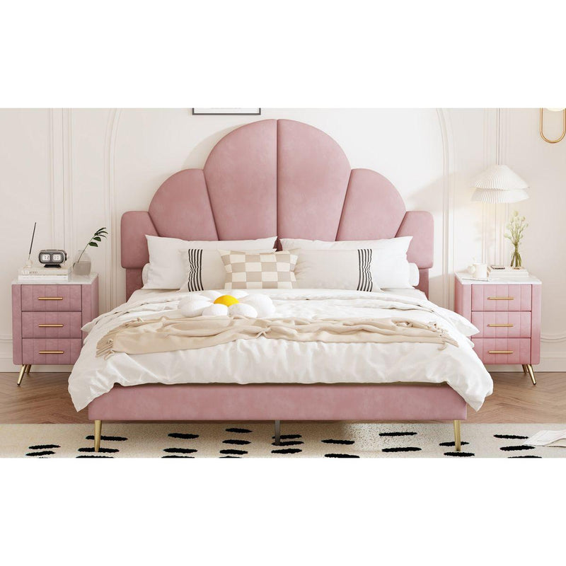 Queen Size Upholstered Bed Frame with Elegant Design, Modern Velvet Platform Bed with Petal Shape Headboard,Pink