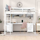 Full Size Loft Bed With Desk, Cabinets, Drawers, Charging Station And Bedside Tray, Sturdy Frame, No Box Spring Required - White by Unique Piece Furniture