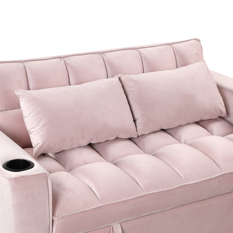 55.3" 4-1 Multi-functional Sofa Bed with Cup Holder and USB Port for Living Room or Apartments Pink