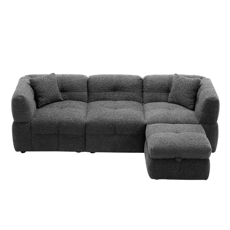 87.7" Sectional Sofa Cozy Teddy Fleece Fabric Sectional Sofa Couch with Two USB Ports a Movable Storage Ottoman and Two Lumbar Pillows for Living Room, Gray