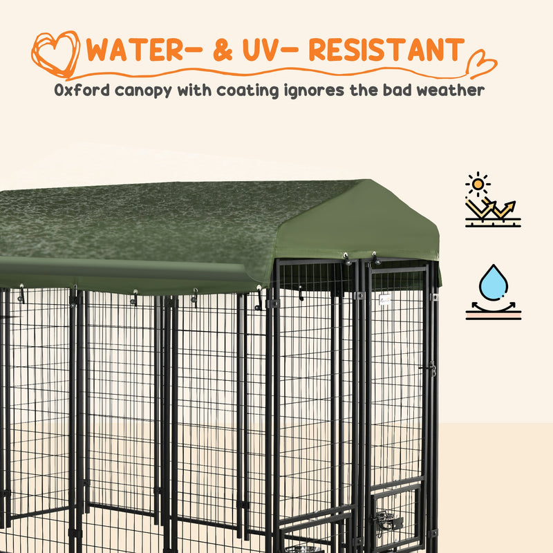8' x 4' x 6' Dog Kennel Outdoor with Rotating Bowl Holders, Walk-in Pet Playpen, Welded Wire Steel Dog Fence with Water-and UV-Resistant Canopy, Green