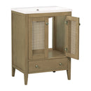 24" Bathroom Vanity with Ceramic Basin, Rattan Bathroom Storage Cabinet with Two Doors and Drawer, Solid Frame, Natural