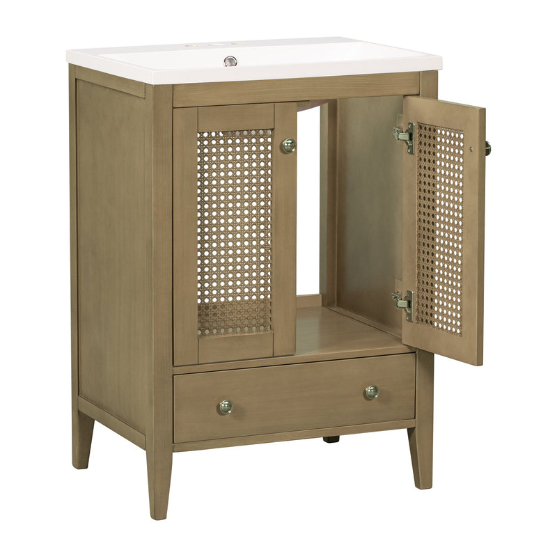 24" Bathroom Vanity with Ceramic Basin, Rattan Bathroom Storage Cabinet with Two Doors and Drawer, Solid Frame, Natural