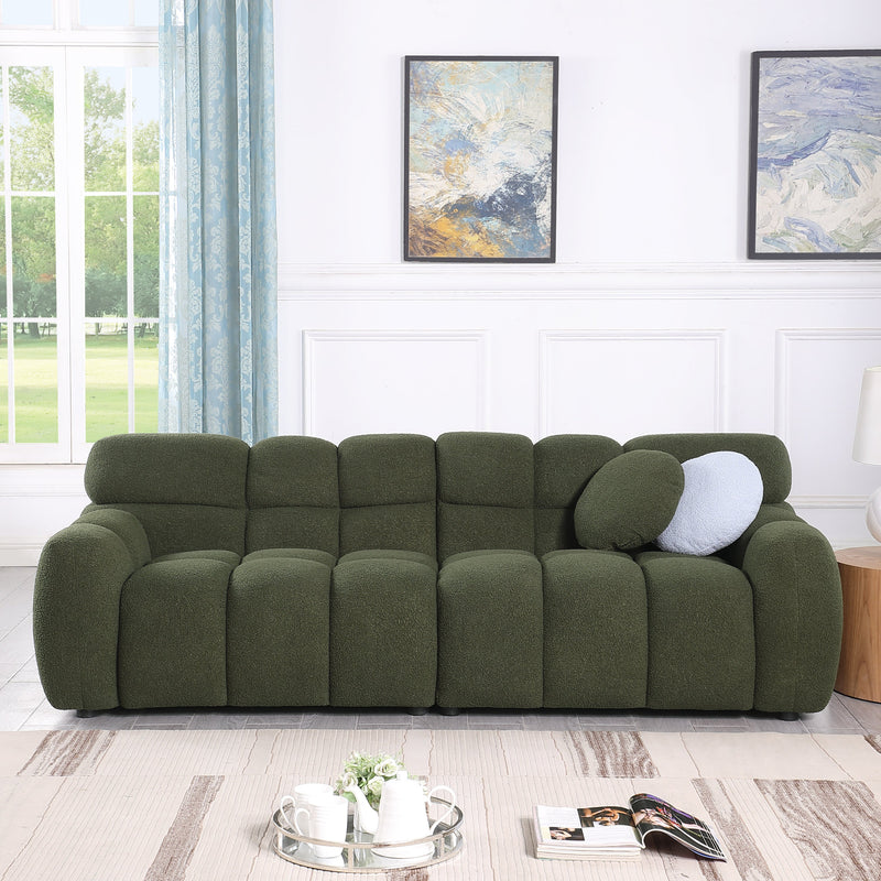 87.4 length, 35.83" deepth, human body structure for USA people, marshmallow sofa,boucle sofa, 3 seater, OLIVE GREEN BOUCLE