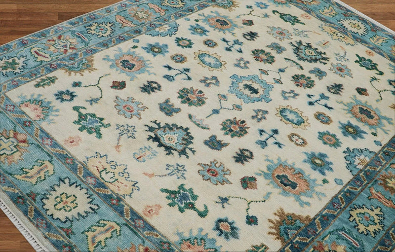 7'9''x9'11'' Beige, Aqua Hand Knotted LoomBloom Muted Turkish Oushak  100% Wool Transitional Oriental Area Rug