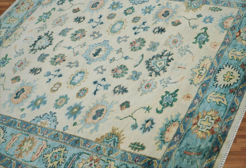 7'9''x9'11'' Beige, Aqua Hand Knotted LoomBloom Muted Turkish Oushak  100% Wool Transitional Oriental Area Rug