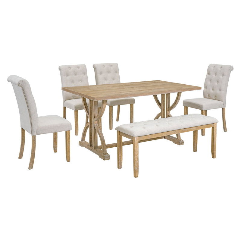 6-Piece Retro Rectangular Dining Table Set, Table with Unique Legs and 4 Upholstered Chairs & 1 Bench for Dining Room and Kitchen (Natural Wood Wash)