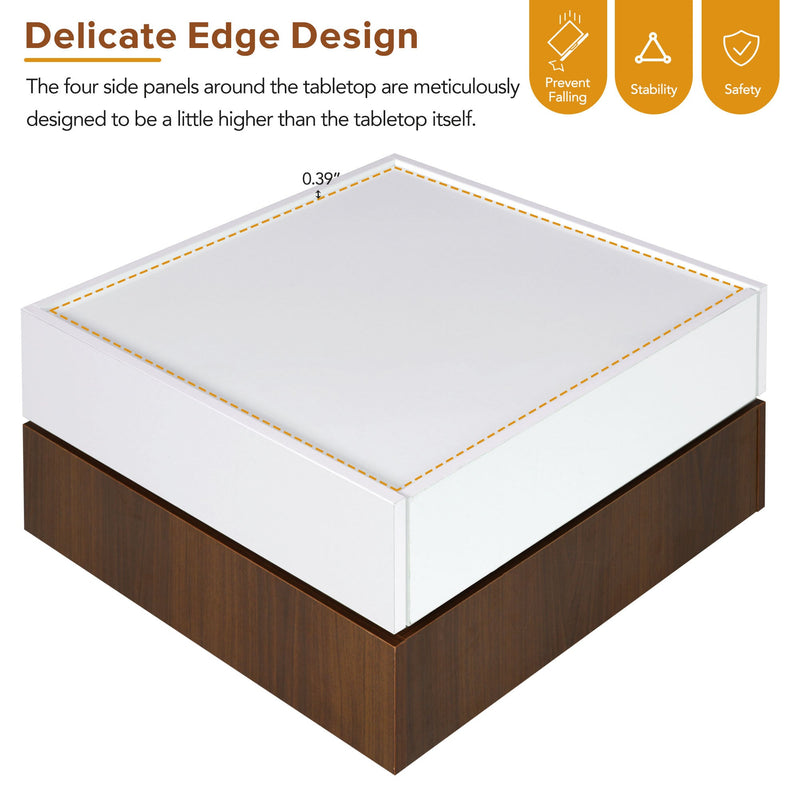 Walker Edison - Square 360°Rotating Coffee Table with 2 Drawers, High Gloss 2-Tier Center Table with Swivel Tabletop and Storage, Walnut Table Frame Side Table for Living Room, White