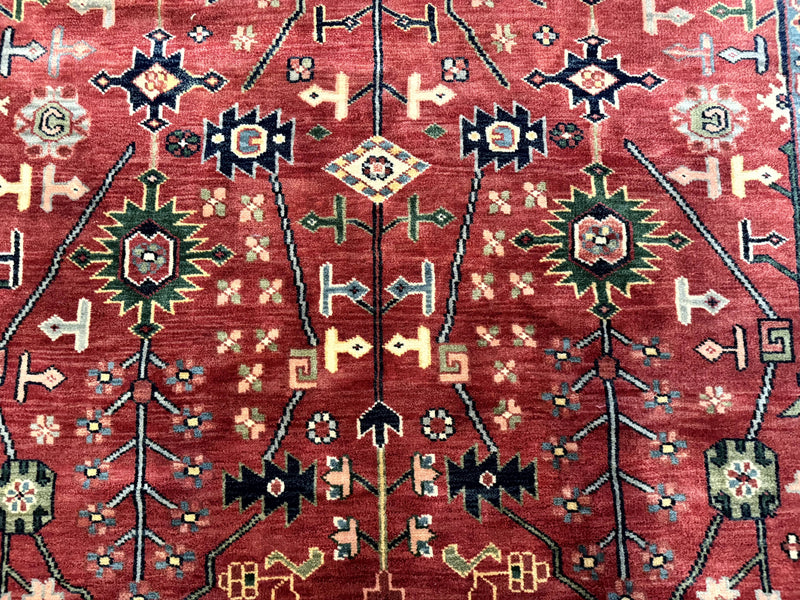 Indo Persian Heriz Serapi Rug 6x8, Rust Red and Navy Blue, Allover Pattern