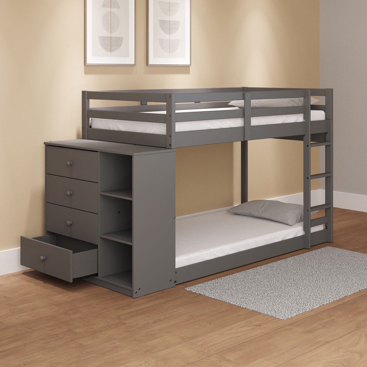 Gaston - Bunk Bed Twin Over Twin With 4 Drawers & 3 Compartments - Gray, photo 4 of 8
