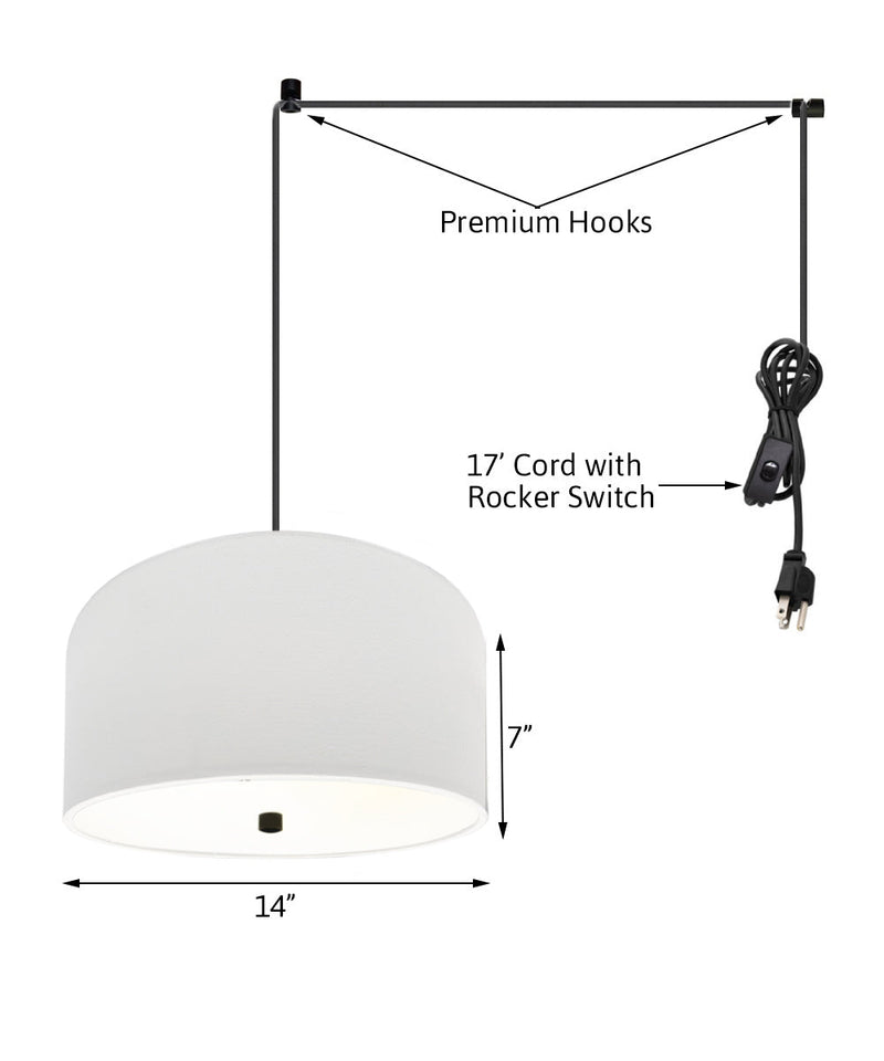 2 Light Swag Plug-In Pendant 14"w White Shade with Diffuser, Black Cord