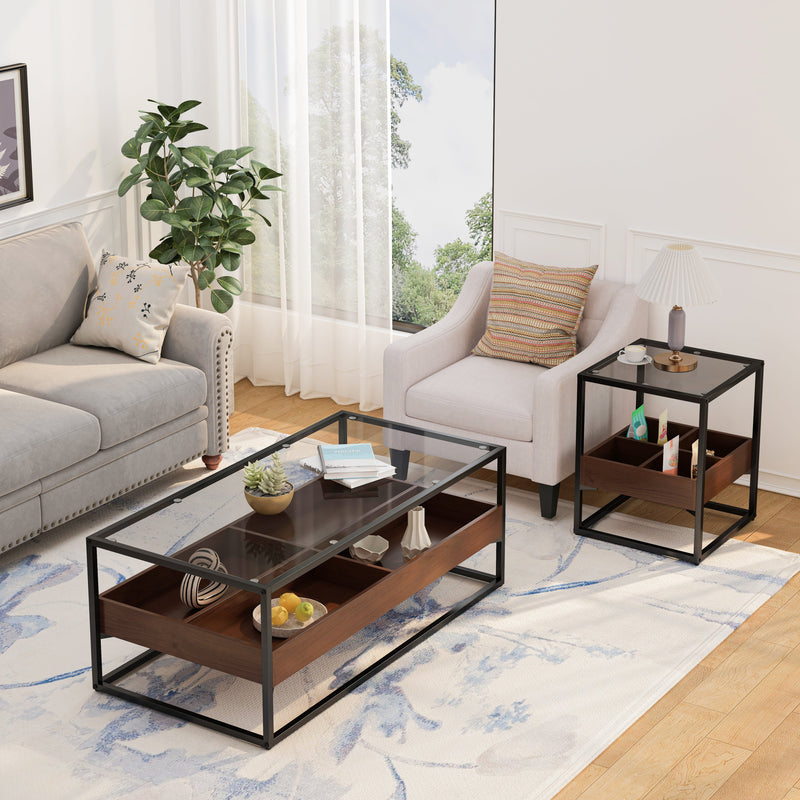 47.24"Rectangle Glass Coffee Table with storage shelf and metal table legs, Home Furniture for Living Room