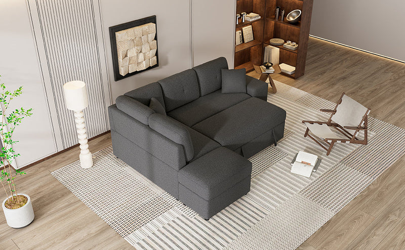 87.7" Convertible Sleeper, Sectional Pull Out Sofa Bed with Storage Ottoman, 2 Throw Pillows, 2 Stools, Wireless Charger and Two Hidden USB Ports for Living Room, Dark Gray