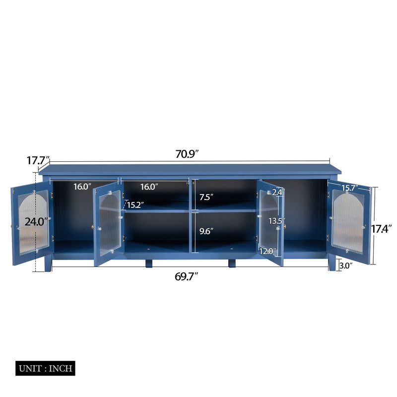 71-inchstylishTVcabinet Entertainment CenterTV stand,TVConsoleTable, Media Console,solidwood frame,Changhong glass door,Metal handle,antique blue,canbeplacedin the children's room,bedroom Living Room