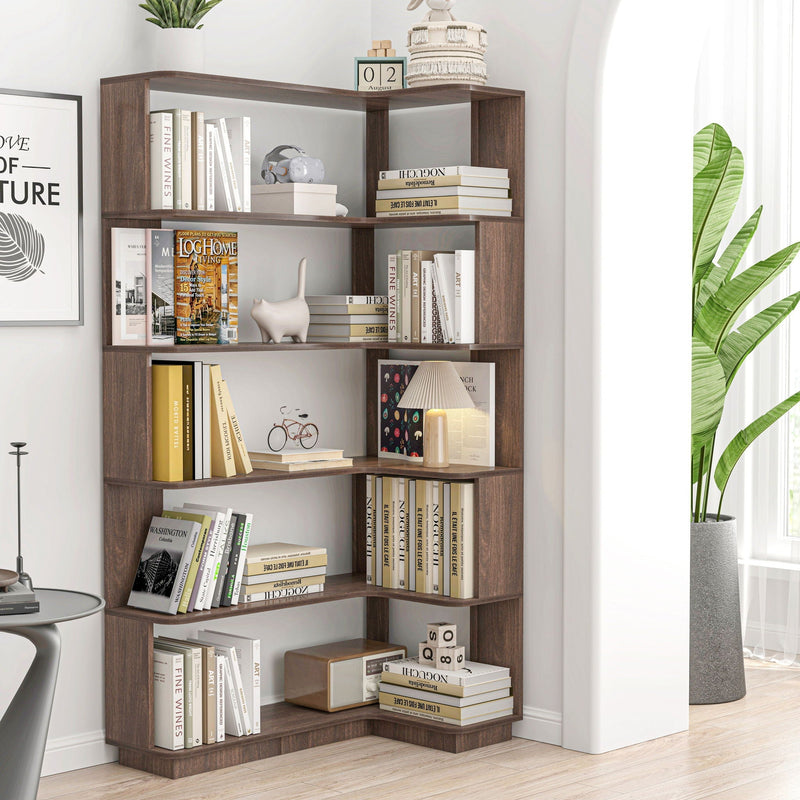 Freestanding Corner Bookshelf For Living Room - Dark Brown, photo 2 of 4