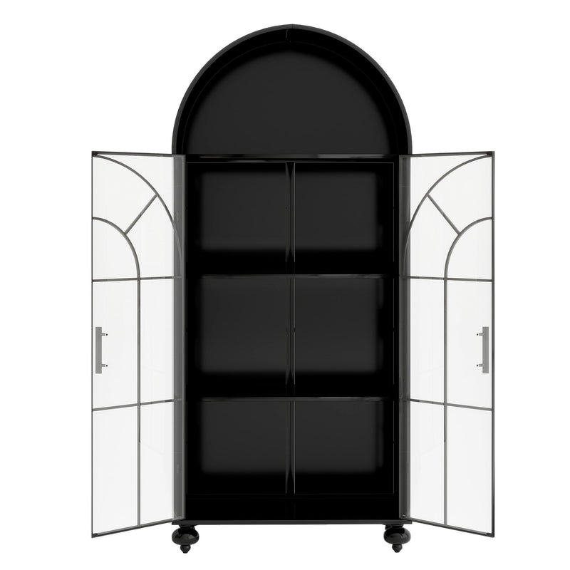 Modern Arched Storage Cabinet with Glass Doors, Open Display Shelves – Farmhouse Style Kitchen Pantry, Dining Room Accent Cabinet, Freestanding Bookcase for Living Room & Office