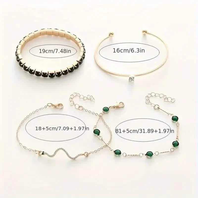 4pcs Green Emerald Rhinestone Snake Bracelet Set for Women, photo 2 of 3