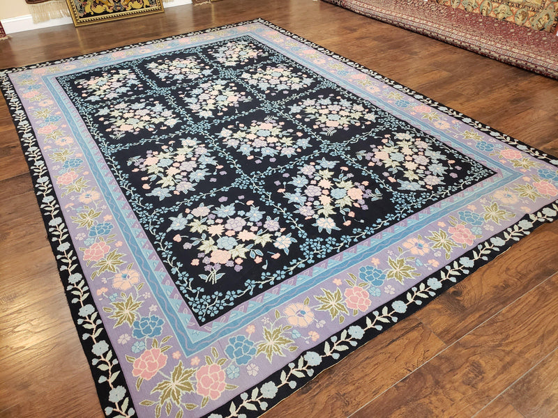 Chinese Needlepoint Rug 8 x 11.4, Hand-Woven Area Carpet, Flatweave Rug, Black Blue Light Violet Floral Garden European Design Wool Aubusson