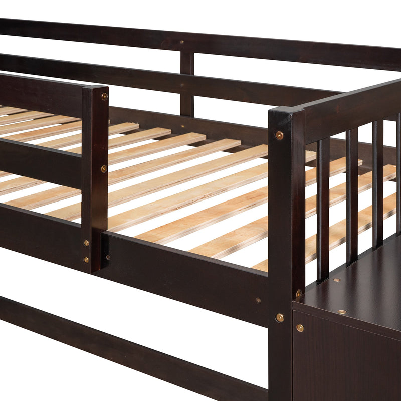 Twin over Twin Bunk Bed with 4 Drawers and 3 Shelves-Espresso