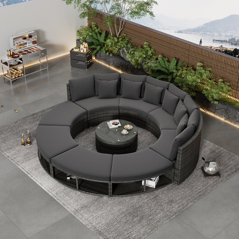 9-Piece Outdoor Patio Furniture Luxury Circular Outdoor Sofa Set Rattan Wicker Sectional Sofa Lounge Set with Tempered Glass Coffee Table, 6 Pillows, Grey