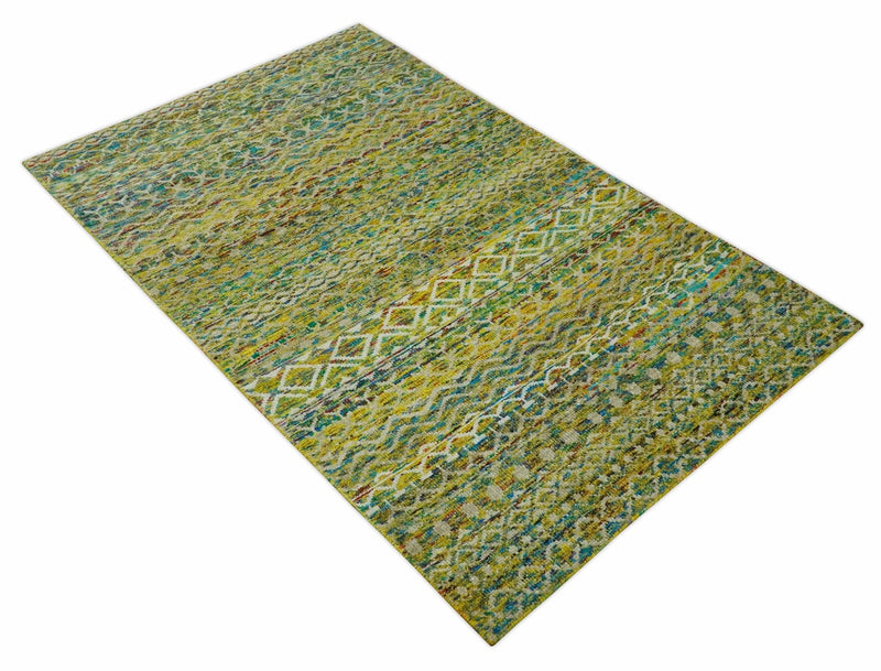 5.6x8.6 Hand Knotted Mustard, Teal and Ivory Southwestern Tribal Trellis wool Rug