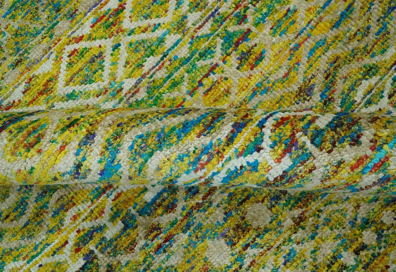 5.6x8.6 Hand Knotted Mustard, Teal and Ivory Southwestern Tribal Trellis wool Rug