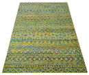 5.6x8.6 Hand Knotted Mustard, Teal and Ivory Southwestern Tribal Trellis wool Rug