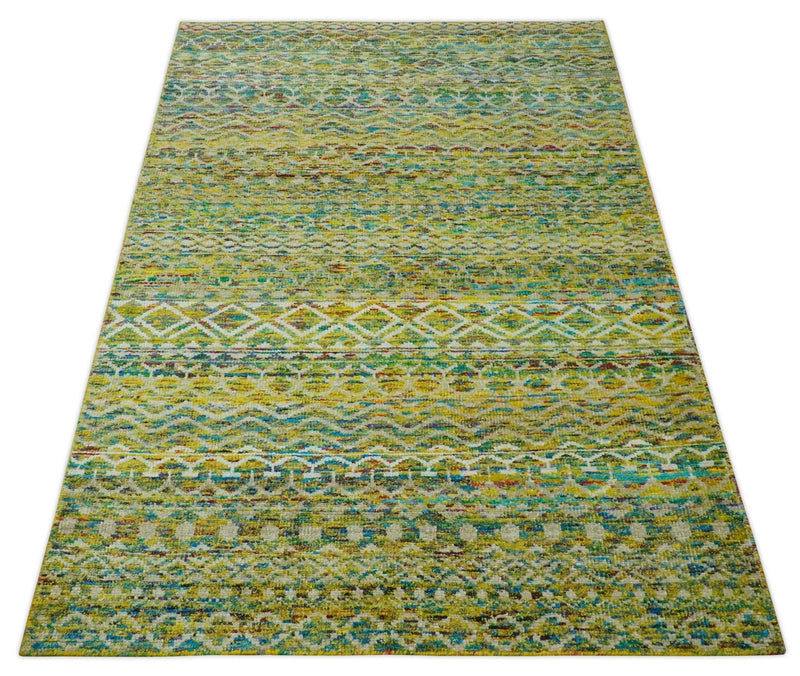 5.6x8.6 Hand Knotted Mustard, Teal and Ivory Southwestern Tribal Trellis wool Rug