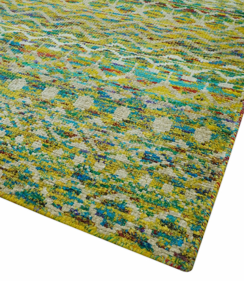 5.6x8.6 Hand Knotted Mustard, Teal and Ivory Southwestern Tribal Trellis wool Rug