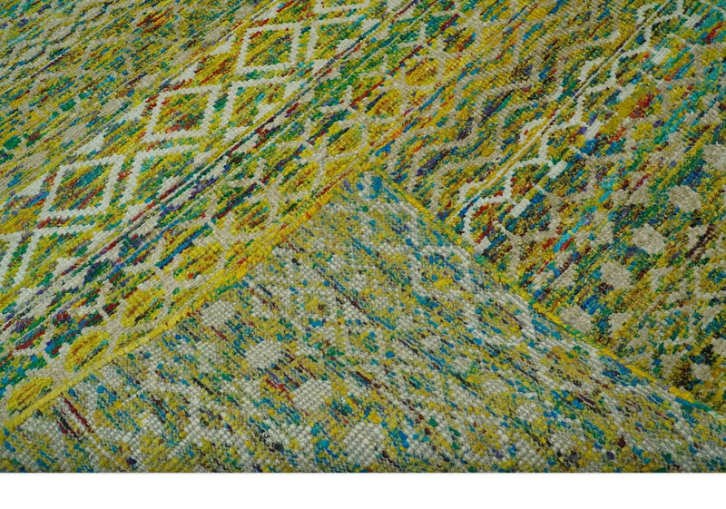 5.6x8.6 Hand Knotted Mustard, Teal and Ivory Southwestern Tribal Trellis wool Rug