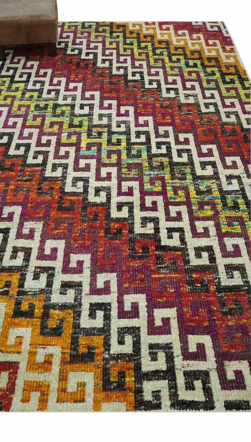 5.6x8.6 Ivory, Rust, Black and Mustard Greek key design Hand Knotted wool area rug
