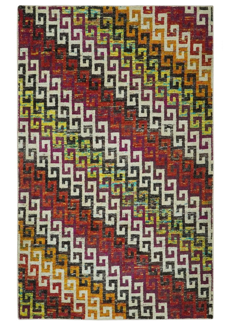 5.6x8.6 Ivory, Rust, Black and Mustard Greek key design Hand Knotted wool area rug