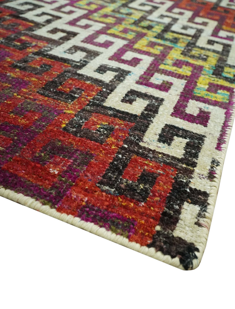 5.6x8.6 Ivory, Rust, Black and Mustard Greek key design Hand Knotted wool area rug
