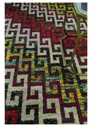 5.6x8.6 Ivory, Rust, Black and Mustard Greek key design Hand Knotted wool area rug